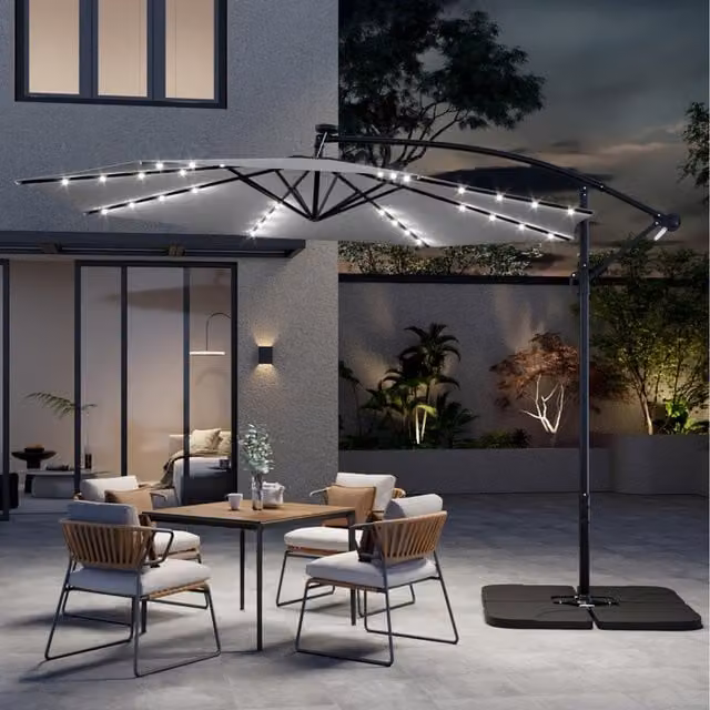 Breeins LED Lighted Octagonal Garden Parasol with Base and Crank Lift in Light Grey