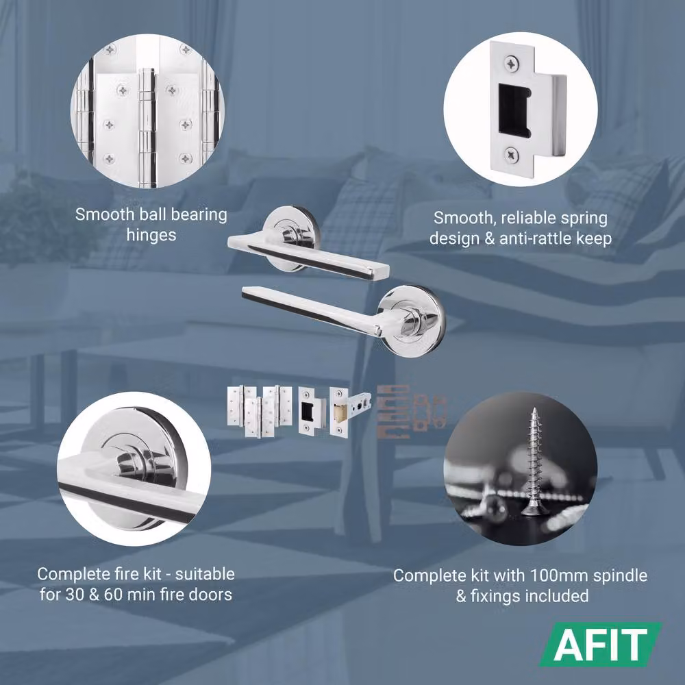 AFIT Polished Chrome Fire Door Handle Latch Set with Hinge in Silver – 2