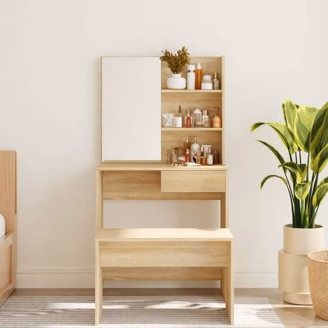 Berkfield Home Modern Dressing Table with Mirror in Sonoma Oak and Beige, W: 74.5 cm, D: 40 cm, H: 141 cm – 1