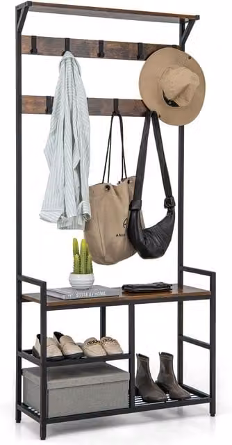 Costway 3-in-1 Industrial Hall Tree with Shoe Bench and Storage in Brown