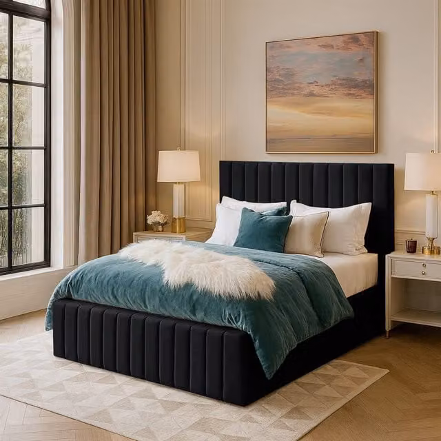Desire Deco Emiliya Upholstered Velvet Bed Frame, Black, W/D/H: 200 x 200 cm