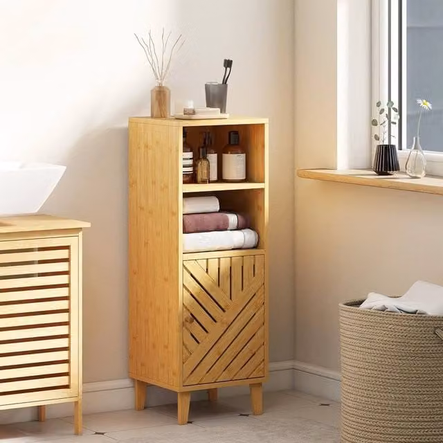 EONLION Slim Freestanding Bathroom Cabinet with Brown Bamboo Doors and Open Shelving – 1