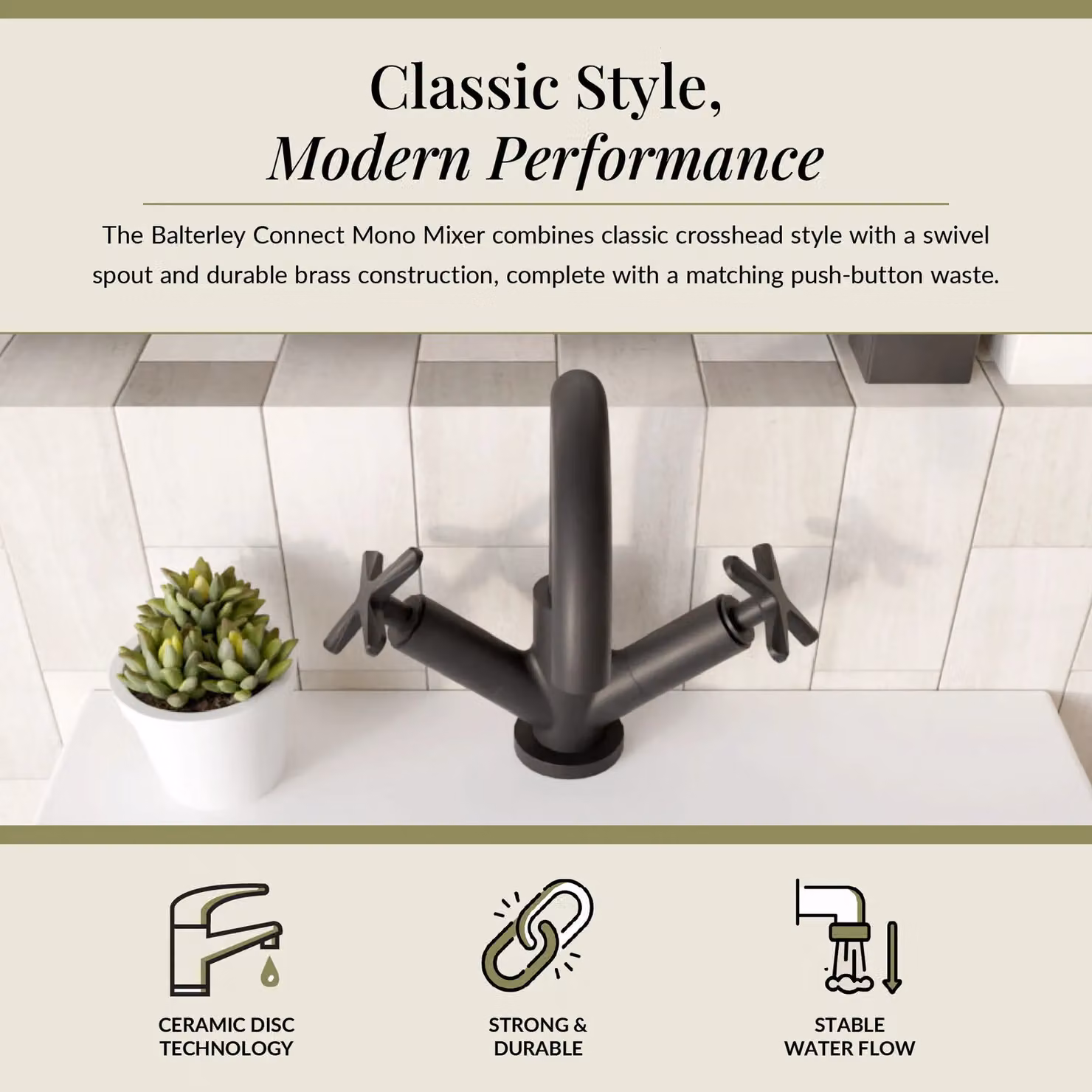 Balterley Connect Mono Basin Mixer Tap with Push Button Waste in Matt Black – 2