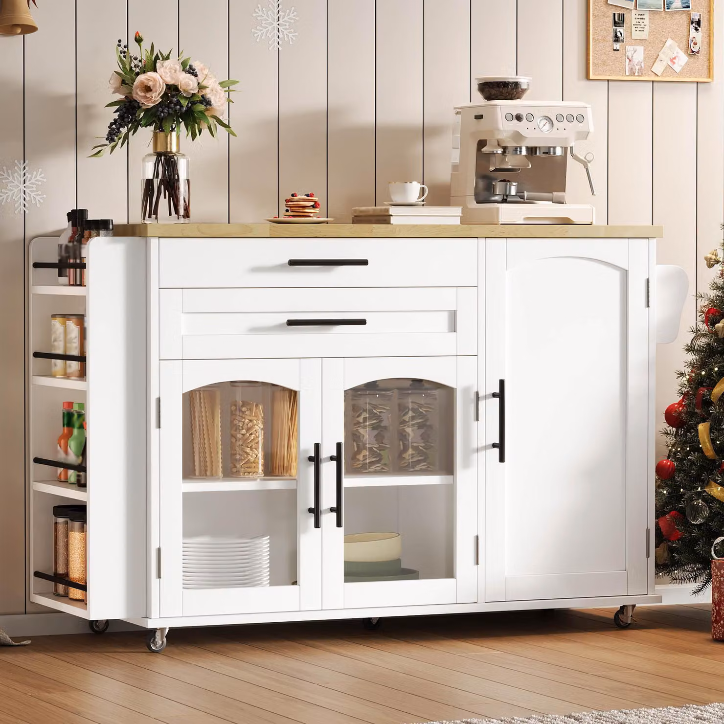 Aosom UK Mobile Kitchen Island Trolley with Glass-Door Storage Cabinet and Lockable 360 Degree Wheels, White, W/D/H: 70 x 70 x 90 cm – 6