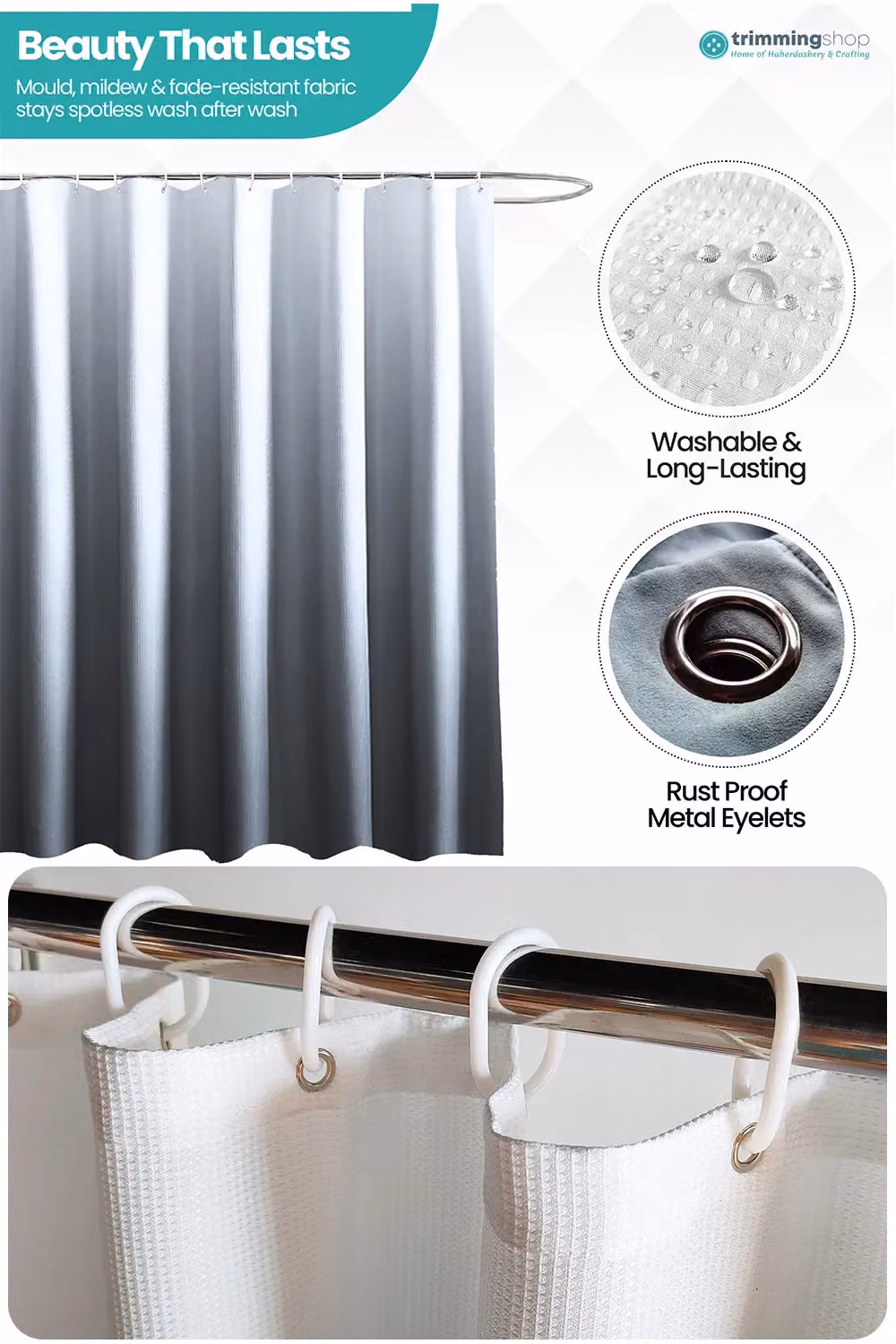 Neel Blue Gradient Colour Bathroom Shower Curtain in Blue and Grey with 12 Hooks, Mould Resistant, W: 180 cm, H: 200 cm – 4