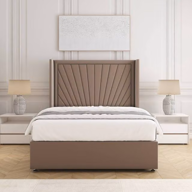 BSSPOKE Alina Divan Bed Set with 54 inch Headboard and Mattress in Bronze Plush Velvet, Super King, W/D/H: 200 x 200 cm