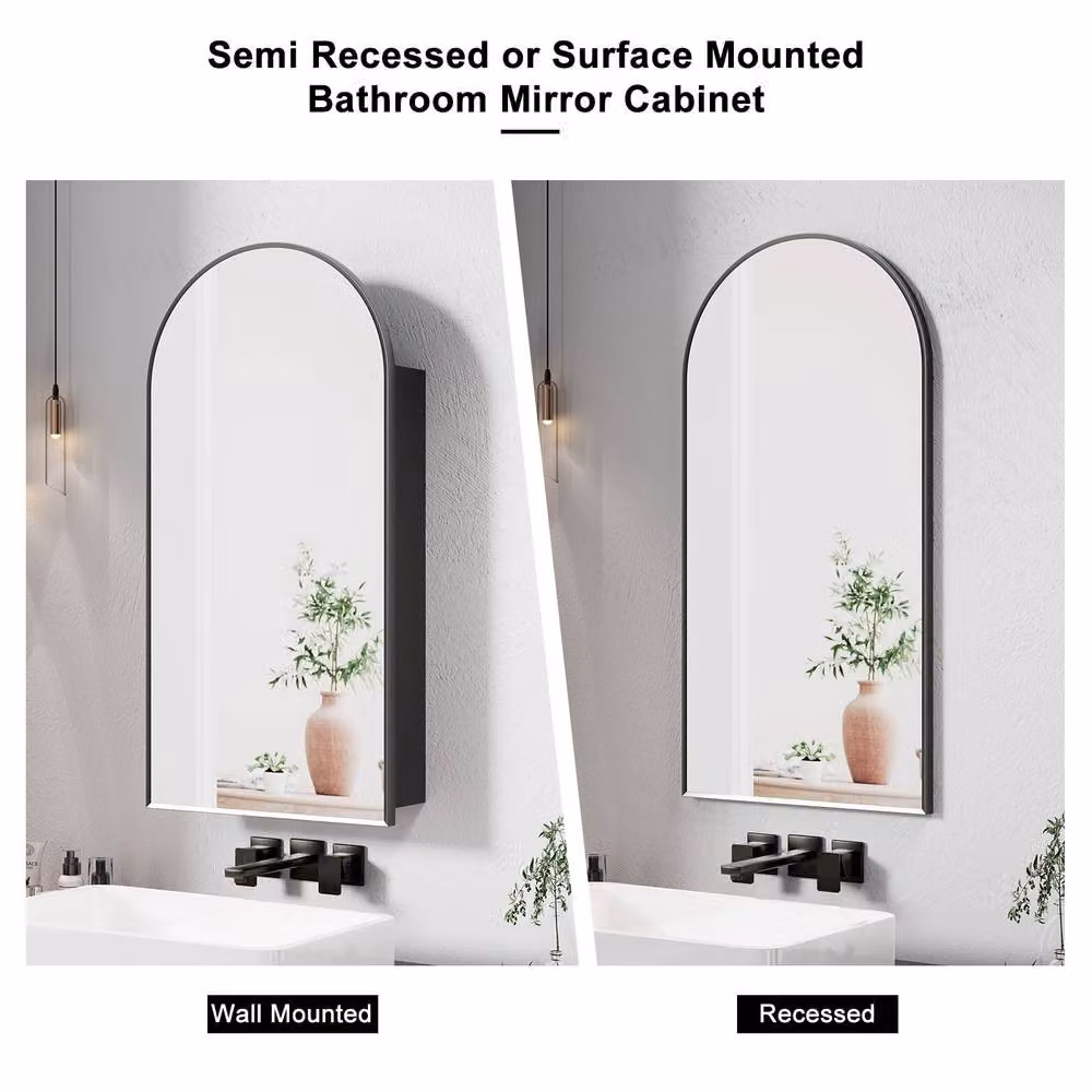 KEEPREAPER Black Arched Bathroom Mirror Cabinet with Metal Frame, W/H: 40 x 80 cm – 4