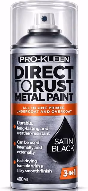 ProKleen Direct to Rust 3-in-1 Metal Paint, Primer, Undercoat and Topcoat, Black Satin Finish, 400ml