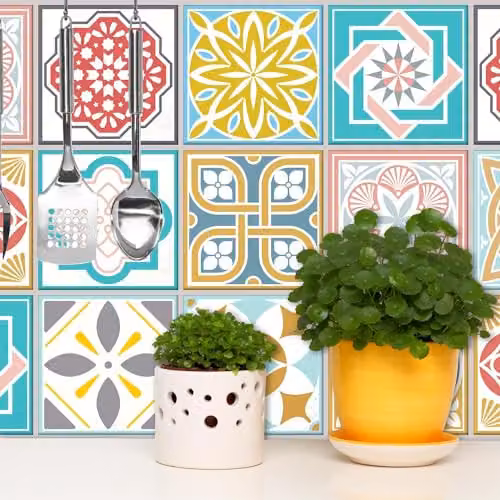 WALPLUS WT1521 Malia Mediterranean Geometric Tile-Look Adhesive Wall Stickers, Multicolour, 24 pcs, 15 x 15 cm – 2