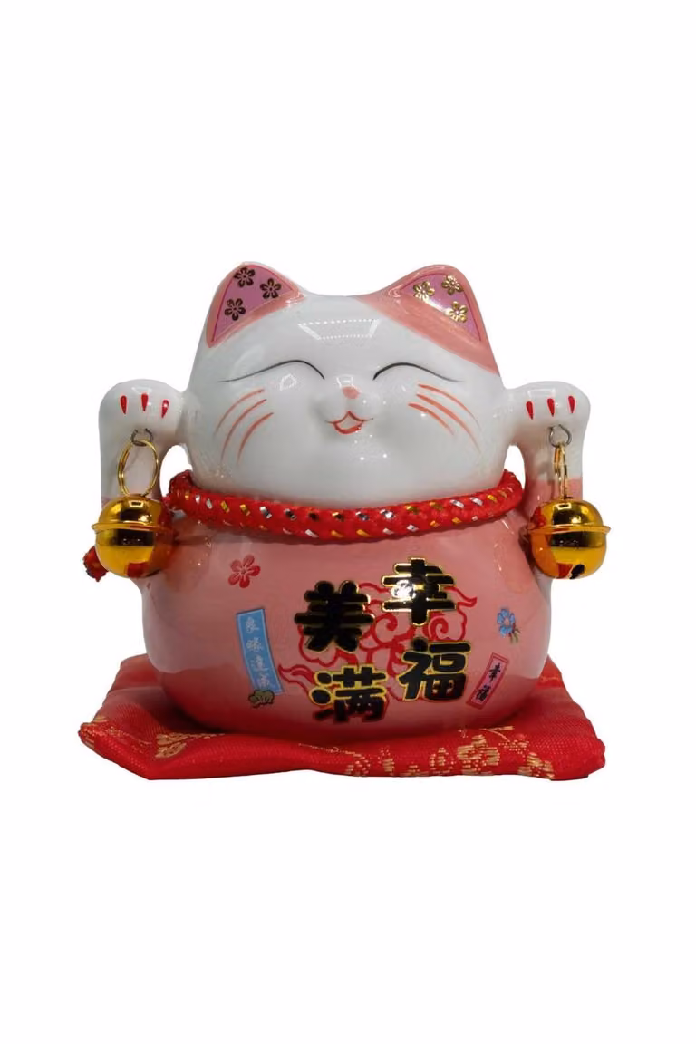 KDMD Ceramic Money Cat Bank with Bells in Pink, White, Red and Gold