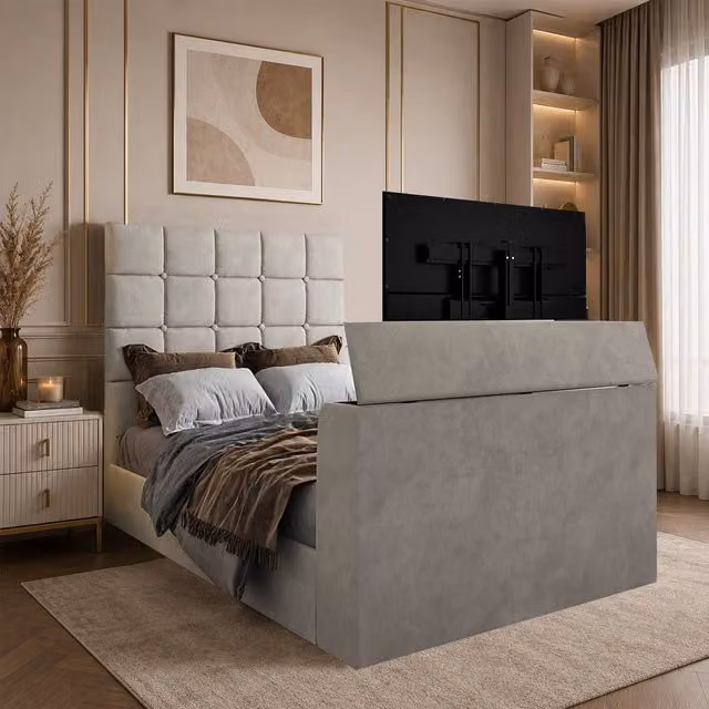 KDMD Woolverstone Upholstered TV Bed Frame in Sand, King Size (W: 180 cm x D: 200 cm)
