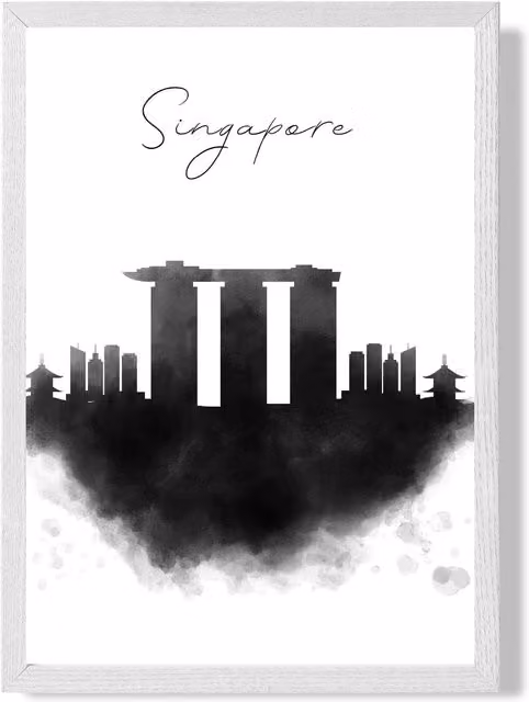 ARTZE Singapore Watercolour Skyline City Framed Print, Black and White