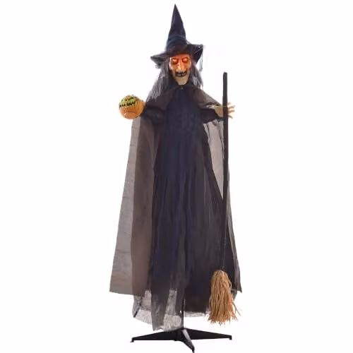 HOMCOM Halloween Animatronic Witch with Broomstick and Light Up Eyes in Brown, Height: 190 cm