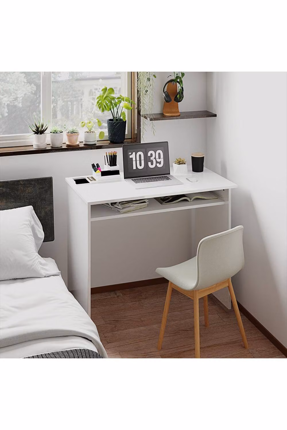 ERGOVEXA Modern White Computer Desk with Storage, W: 90 cm, D: 50 cm, H: 74 cm – 2