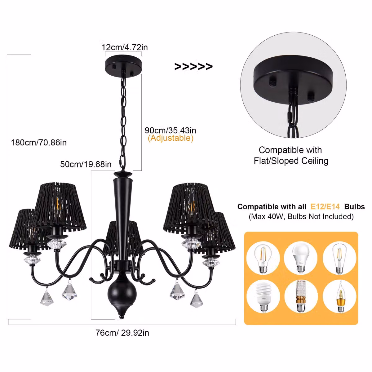 Garwarm 5 Light Dimmable Classic Traditional Crystal Chandelier in Black and Wood – 3