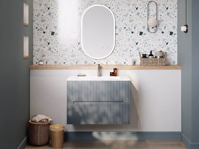 PAVANI Sky Blue Ribbed Wall-Hung Vanity Unit, W: 80 cm, D: 45.5 cm, H: 55 cm