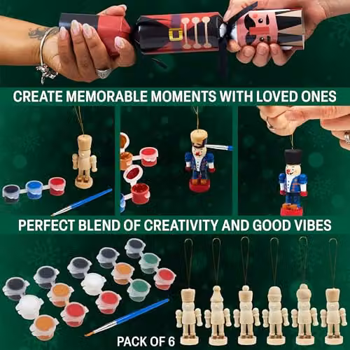 KreativeKraft 6 Pack Luxury Christmas Crackers with Paint Your Own Nutcracker Decorations in Red and Multicolour – 3