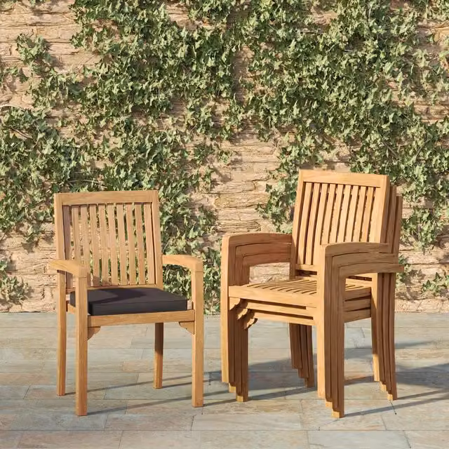 Eterna Henley Solid Teak Wood Outdoor Garden Stacking Chairs, Pack of 4, Brown with Black Cushions