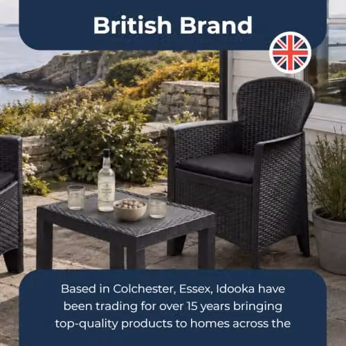 idooka 3 Piece Rattan Wicker Effect Bistro Set in Anthracite Grey, including Square Coffee Table and 2 Chairs for Garden, Balcony or Terrace – 4