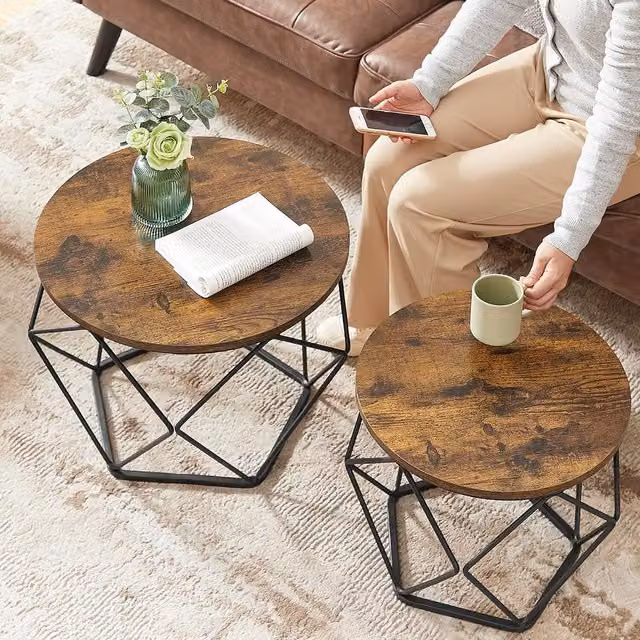 VASAGLE Set of 2 Round Nesting Coffee and Side Tables in Rustic Brown and Black