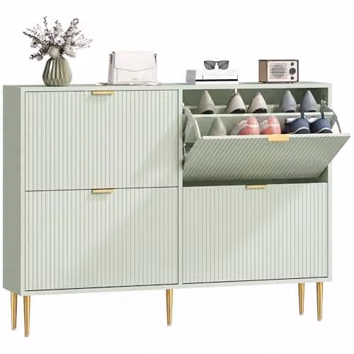HOMCOM Modern Slim Shoe Storage Cabinet with 4 Tilting Compartments and Internal Shelves, Green and Gold, H 105 x W 91.5 x D 24 cm – 1