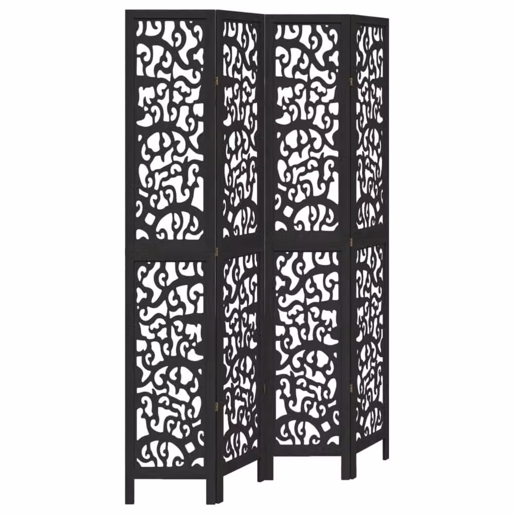 Berkfield Home 4-Panel Room Divider in Black Solid Paulownia Wood, H 220 cm x W 140 cm – 2