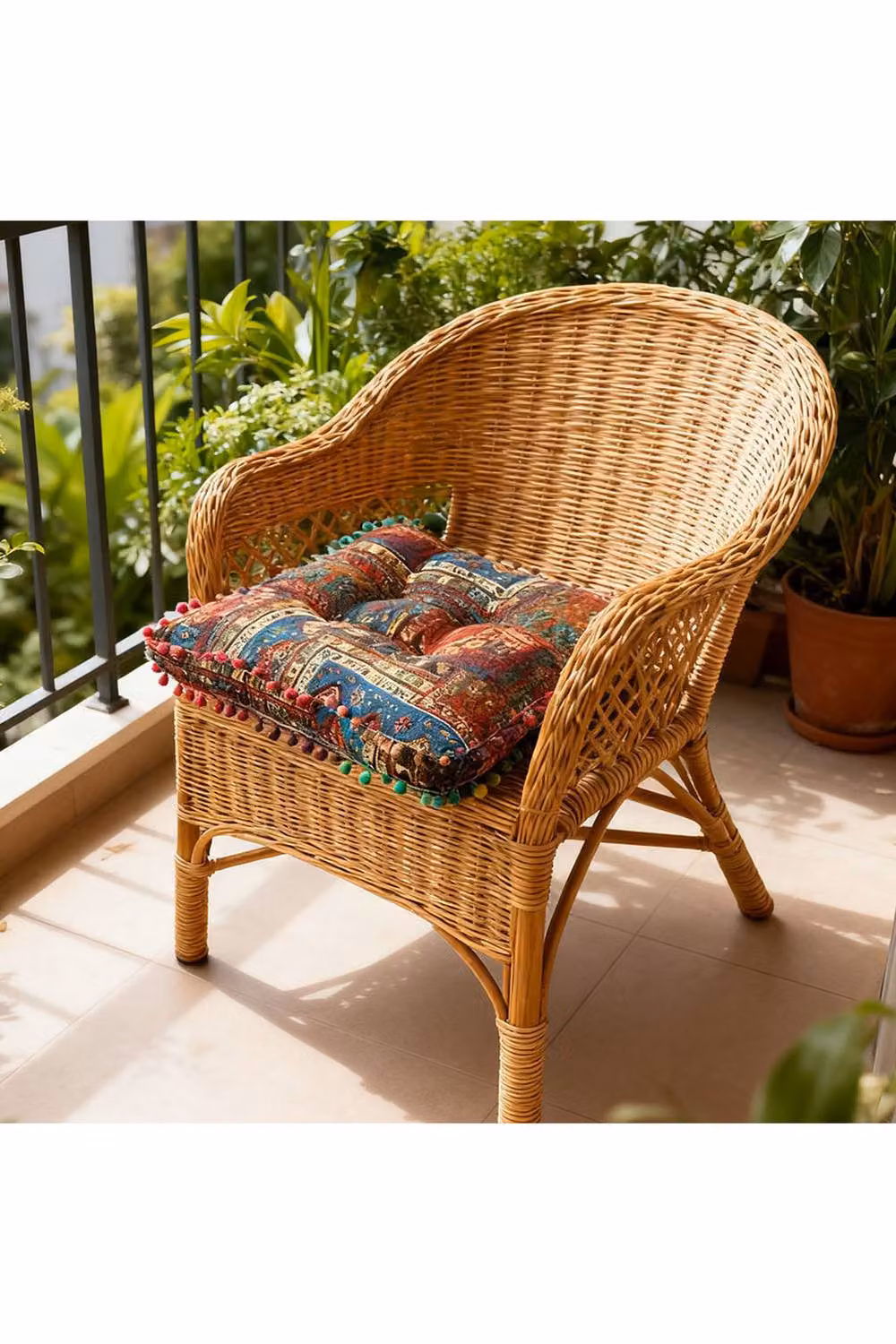 Living and Home Bohemian Patterned Square Linen Seat Cushion with Pom-Pom Trim in Multicolour – 2