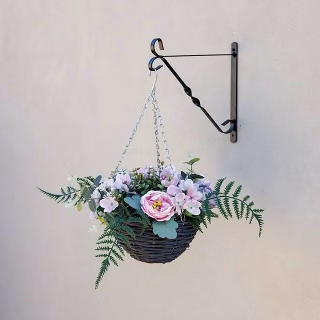 Primrose Pink and Brown Artificial Peonies and Hydrangeas Hanging Floral Arrangement in a Round Wicker Basket, Diameter: 32 cm – 1