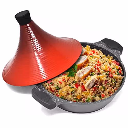 Joeji's Kitchen Non-Stick Aluminium Tagine Casserole Pot, Red, 28 cm – 8