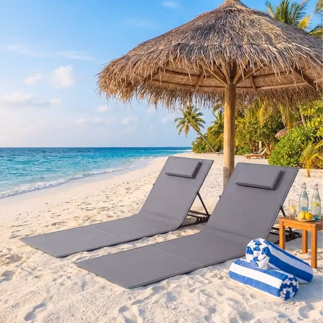 SONGMICS Set of 2 Portable Folding Beach Sunloungers in Grey with Adjustable Headrests and Powder Coated Steel Frame