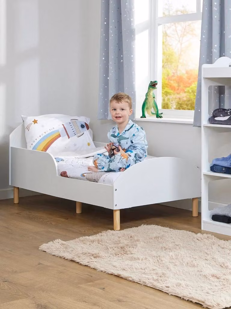 Liberty House White Toddler Bed with Safety Rails and Pine Wood Construction, W/D/H: 144 x 70 x 68 cm