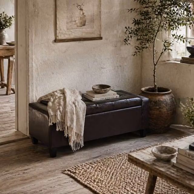 Wyld Haus Rira Brown Faux Leather Storage Ottoman Bench with Diamond Tufted Seat – 1