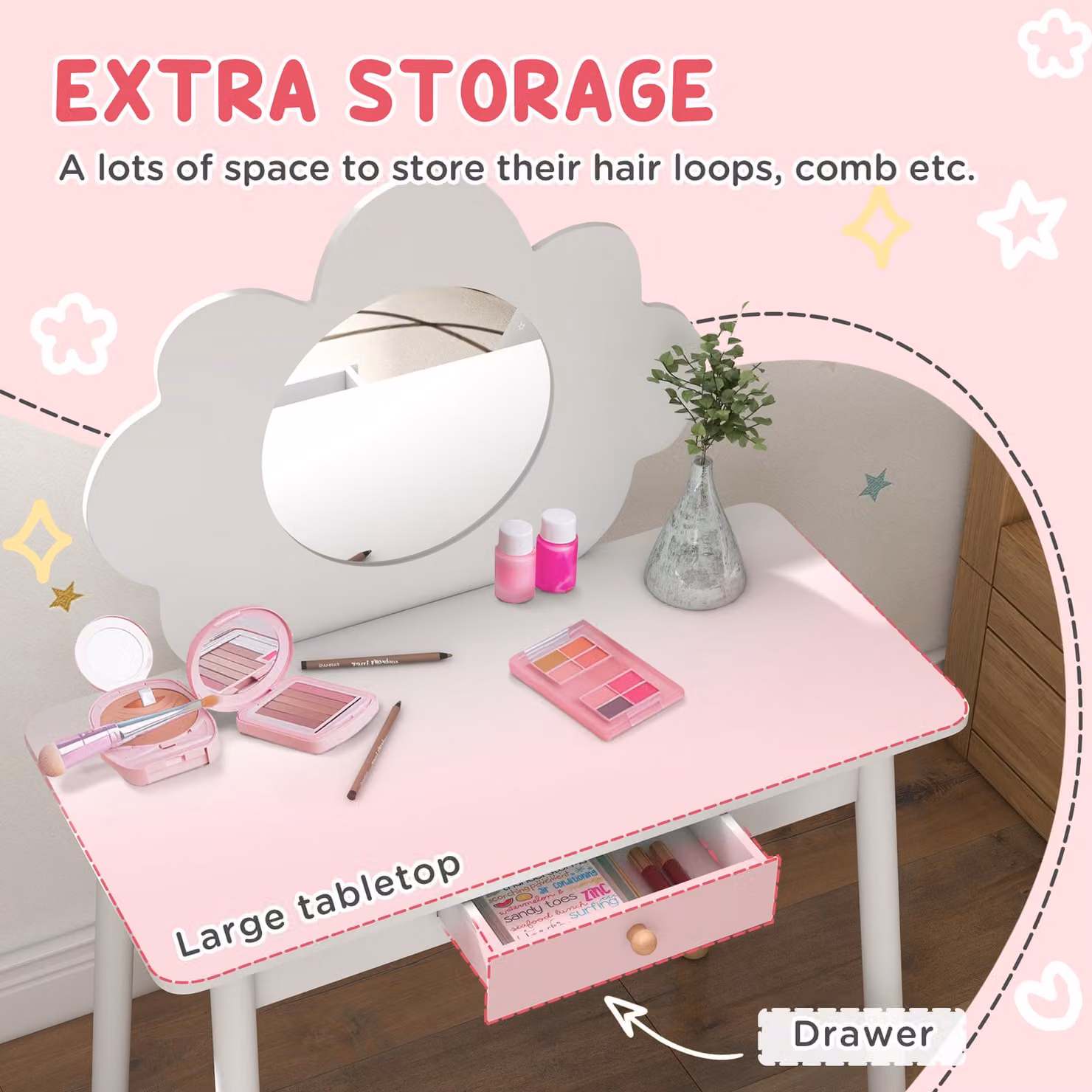 AIYAPLAY Kids Dressing Table with Mirror, Stool and Drawer in White Cloud Design – 3