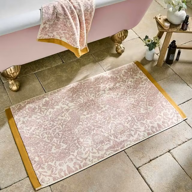 William Morris At Home Strawberry Thief Floral Cotton Bath Mat, Plaster Pink, W: 90 cm, D: 50 cm