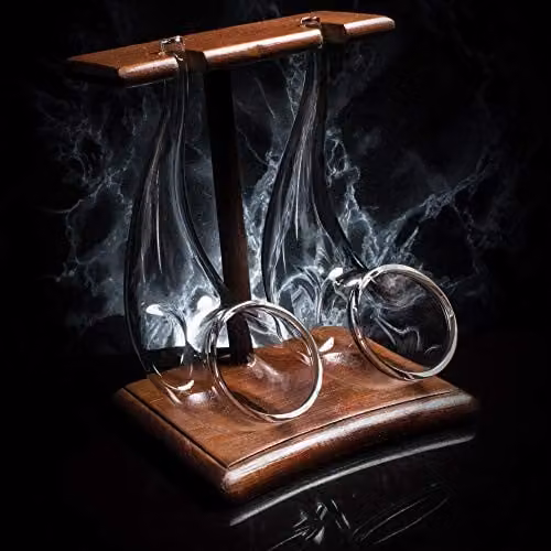 Vinology Set of 2 Transparent Pipe Sipping Brandy Tumbler Glasses with Brown Wooden Display Stand, 75ml – 3