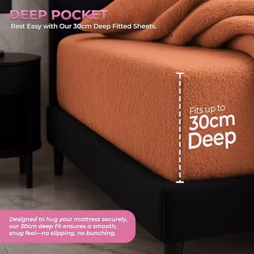 Snug City Teddy Fleece Extra Deep Fitted Sheet, Orange, King Size (W/D/H: 180 x 200 x 30 cm) – 3