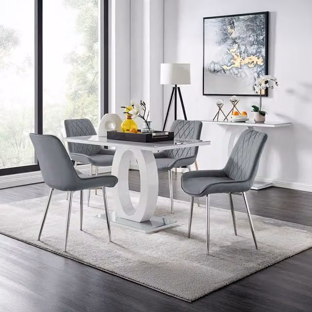 FurnitureboxUK Giovani Grey Glass Dining Table and 4 Grey Upholstered Chairs with Silver Legs W/D/H: 120 x 70 x 70 cm