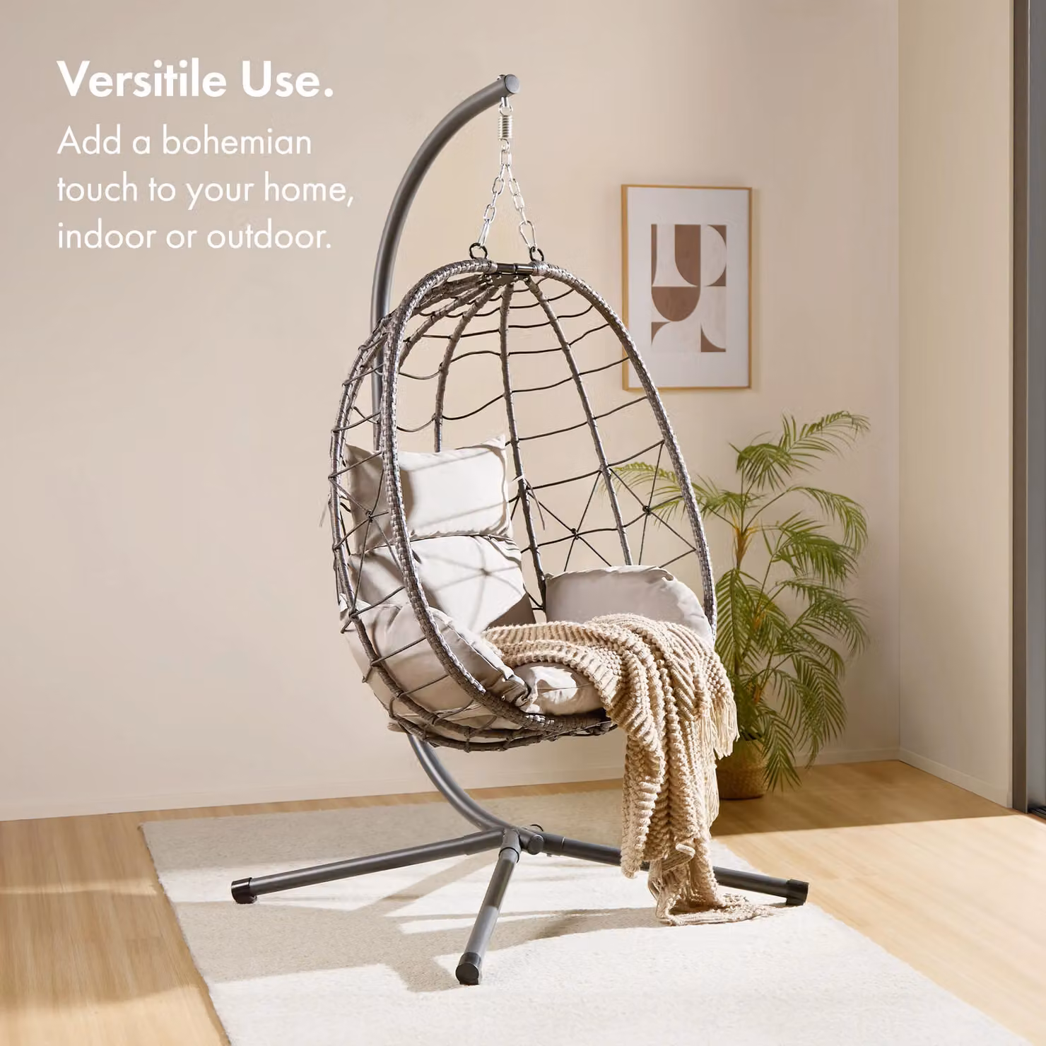 VonHaus Grey Rattan Garden Hanging Egg Chair with Metal Stand – 3