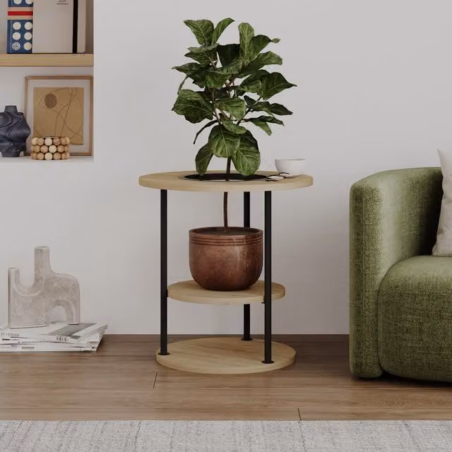 Decortie Grova Round Three Tier Side Table in Oak and Black