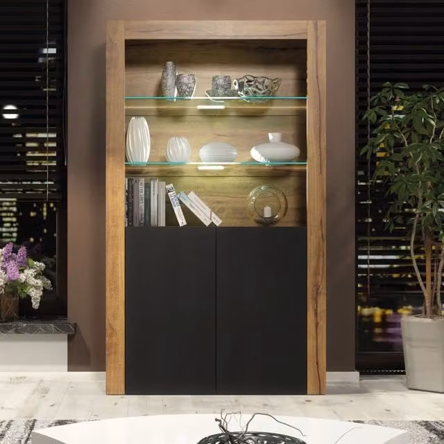 Creative Furniture Modern Oak Sideboard and Black Matt Display Cabinet with LED Lights
