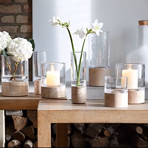 LSA International Lotta Vase in Clear Glass with Ash Wood Base, H36 x W22 x D14.224 cm – 3