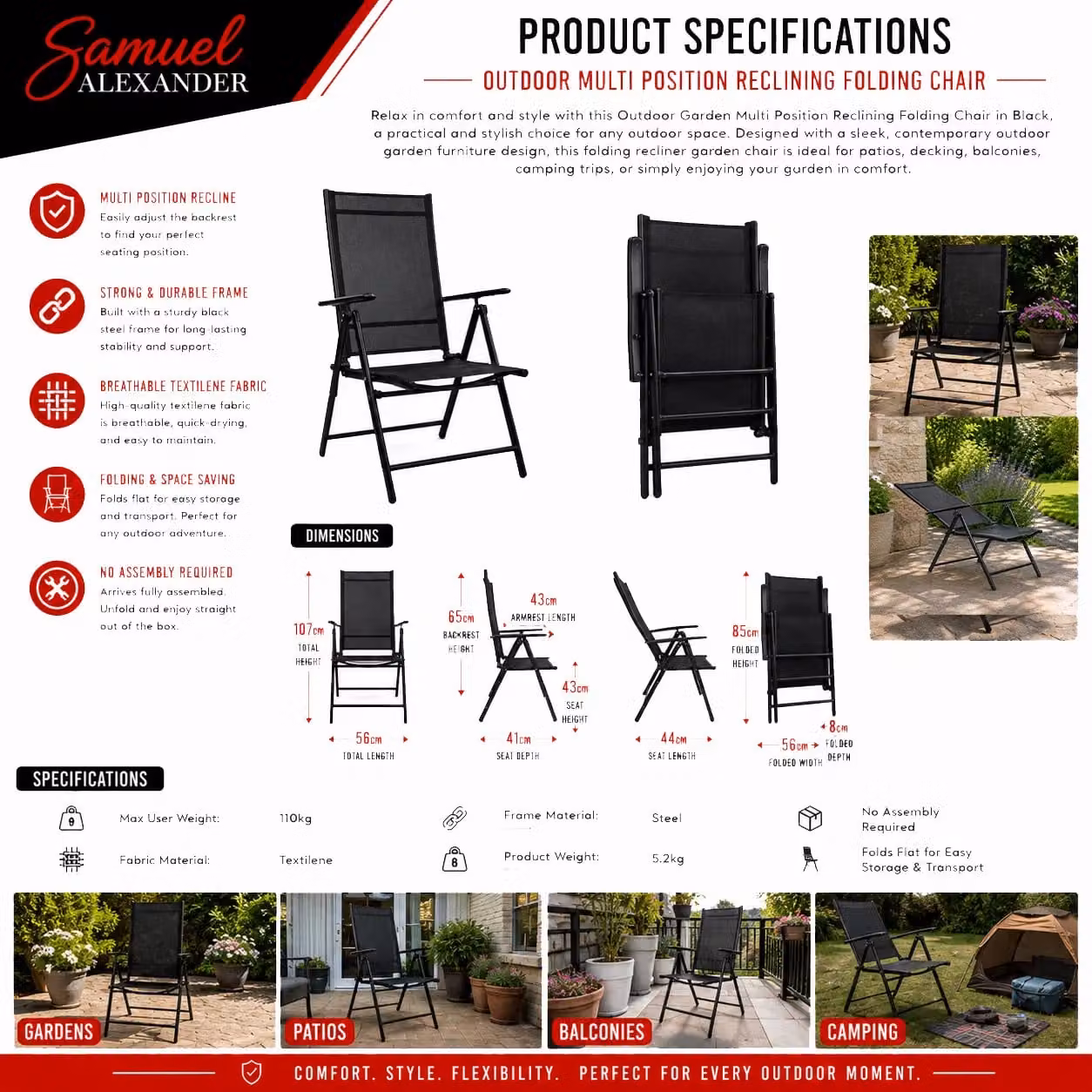Samuel Alexander Multi Position Reclining Folding Garden Chair in Black – 6