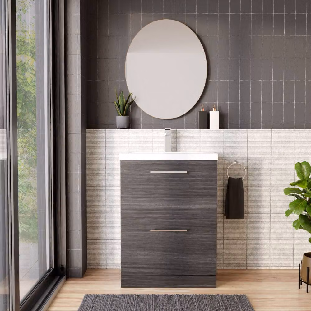 Balterley Contemporary Floor Standing 2 Soft-Close Drawer Bathroom Vanity Unit with Mid-Edge Ceramic Basin, Anthracite Grey, Width: 60 cm – 2