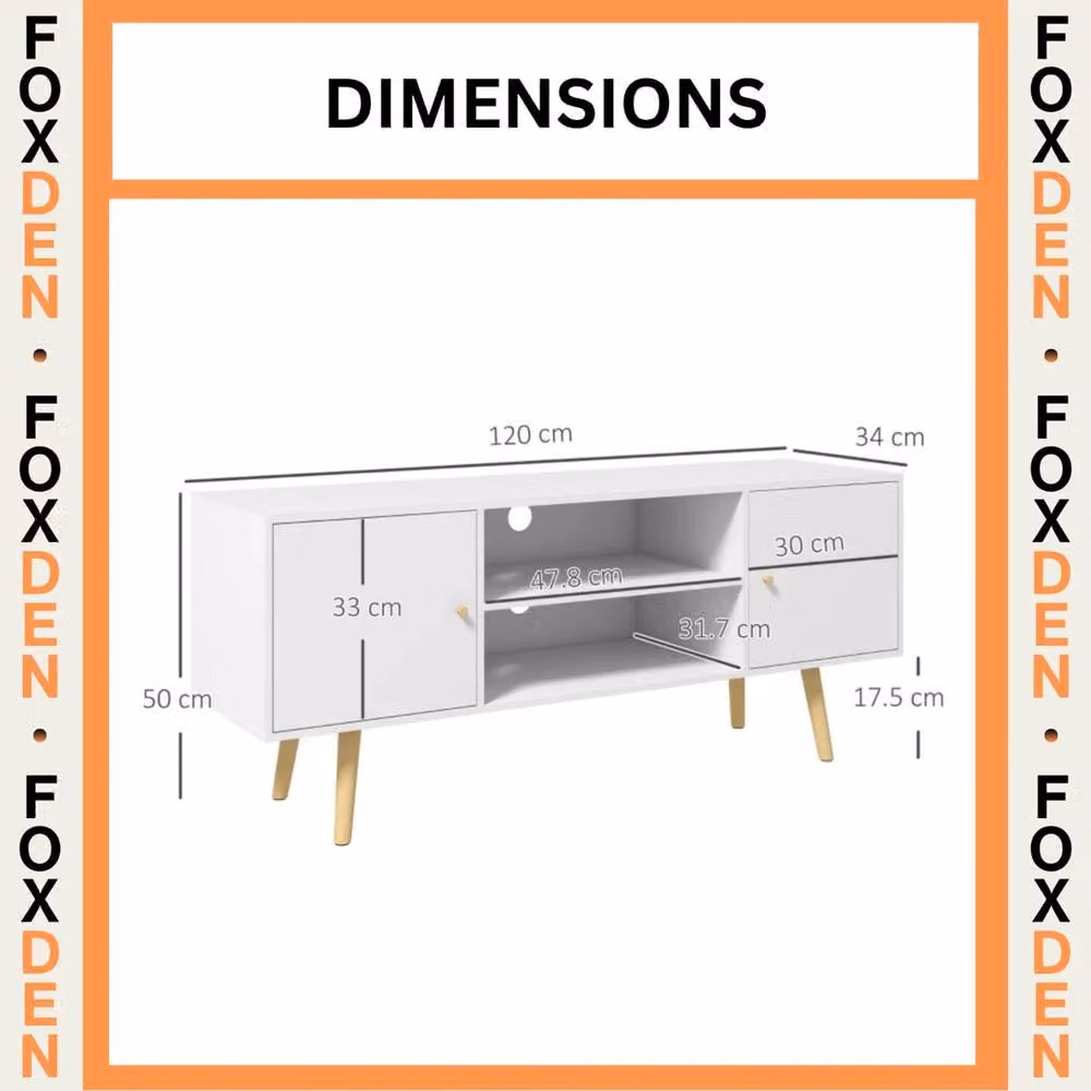 Hinsinc White Minimalist TV Unit with Doors, Shelves and Wooden Legs, W: 120 cm, D: 50 cm, H: 40 cm – 2