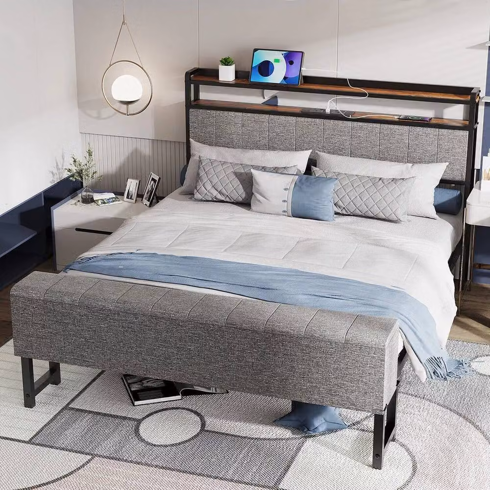 Kelvenix Luxury Grey Fabric Upholstered Bed Frame Set with USB Charging Port and Bedside Shelf, W/D/H: 140 x 200 cm – 3