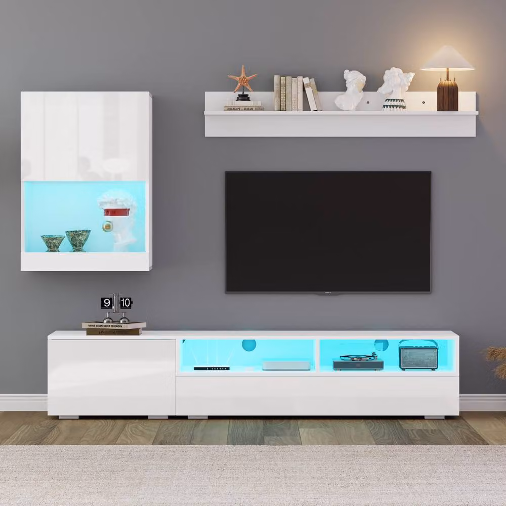 ModernLuxe 3 Piece Modern Glossy White TV Wall Unit with Integrated Lighting, Lowboard, Display Vitrine and Open Shelf – 3
