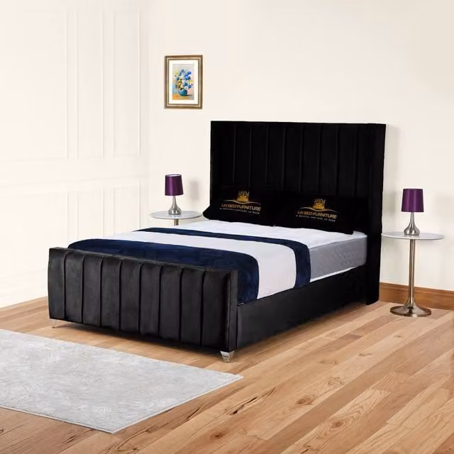 UK Bed Furniture Empire Winged Slatted Base Upholstered Bed in Black Velvet, Super King, 200 x 200 cm – 1