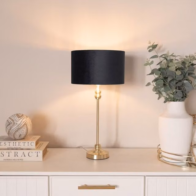 ValueLights Maggie Gold Candlestick Table Lamp in Black with Gold Velvet Drum Shade and Bulb Included – 1