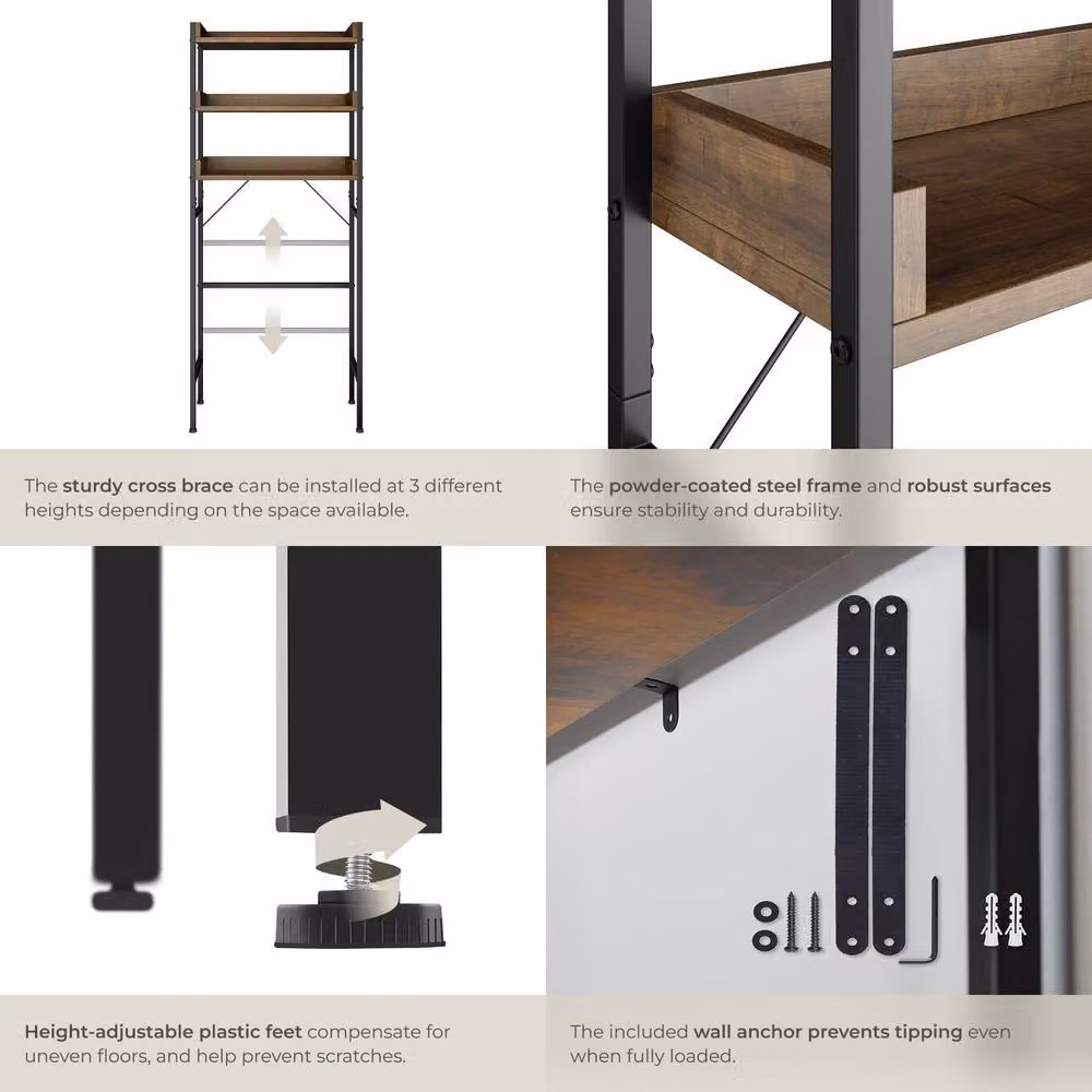 tectake Seattle 3-Tier Industrial Bathroom Shelf in Brown with Adjustable Metal Shelves – 4