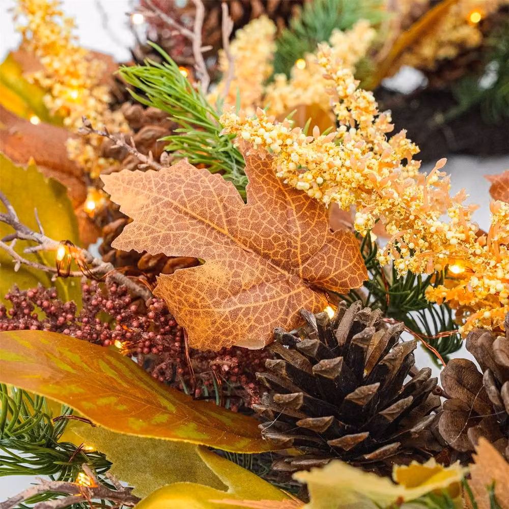 BOSK Rustic Woodland Autumn Wreath in Orange and Yellow with 75 Warm White LED Microbulbs, Diameter: 66 cm – 2
